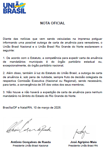 União Brasil descarta liberar vereadores para mudança de partido no RN