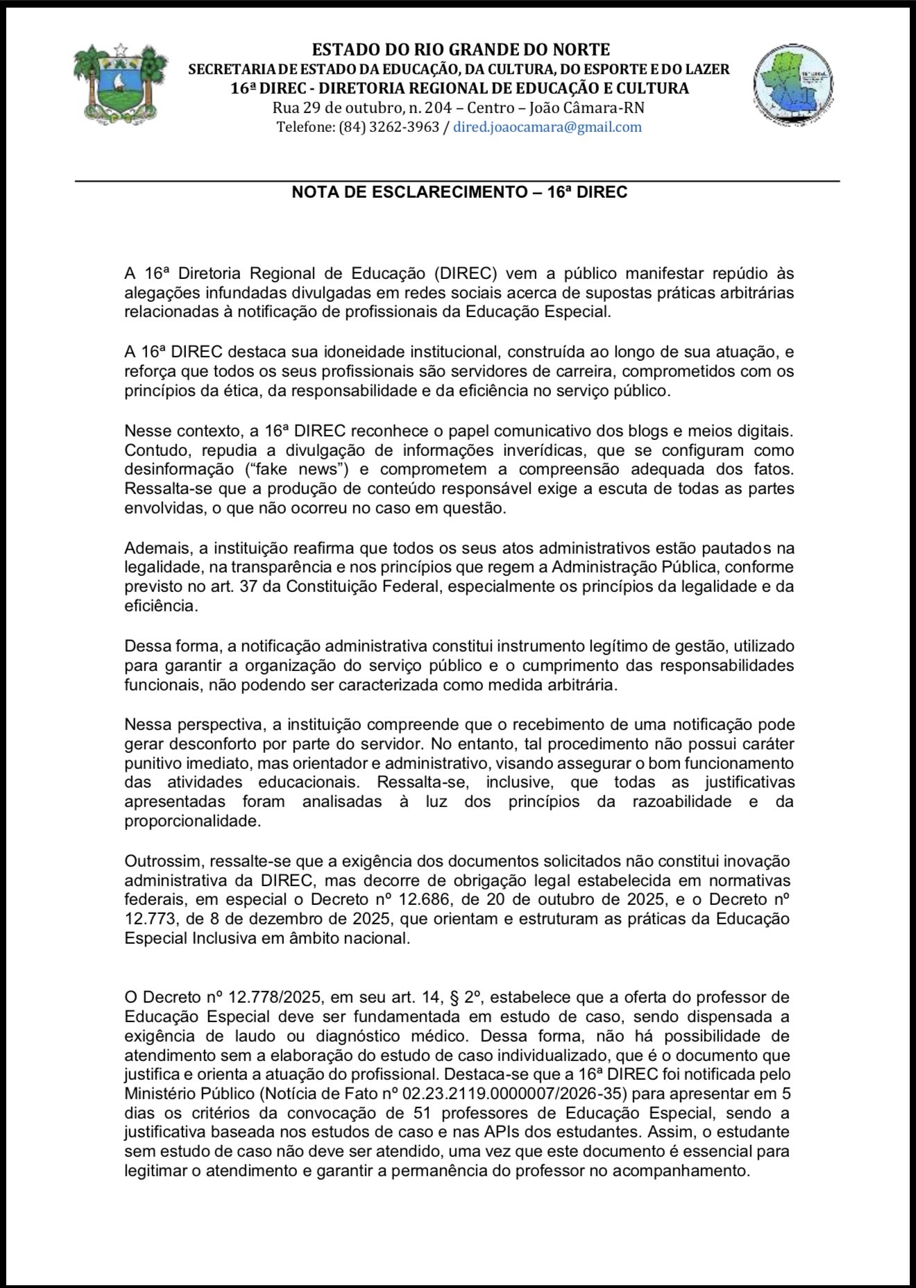16ª DIREC rebate acusações, nega arbitrariedades e reafirma compromisso com a legalidade na Educação Especial