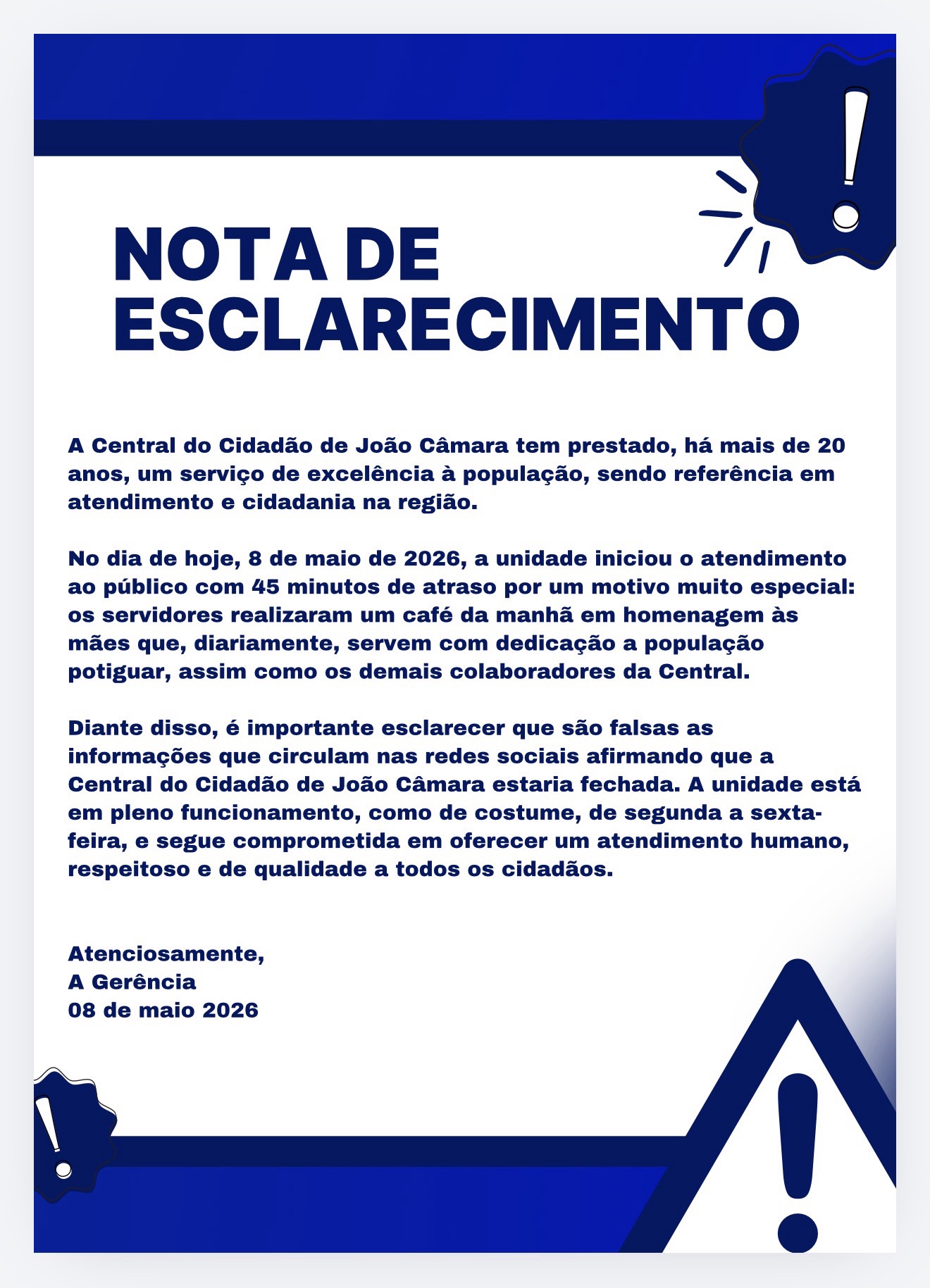 Central do Cidadão de João Câmara desmente boatos e esclarece atraso no atendimento em nota oficial