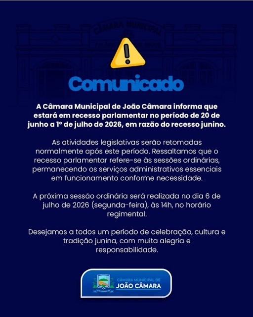 Câmara Municipal de João Câmara estará em recesso parlamentar