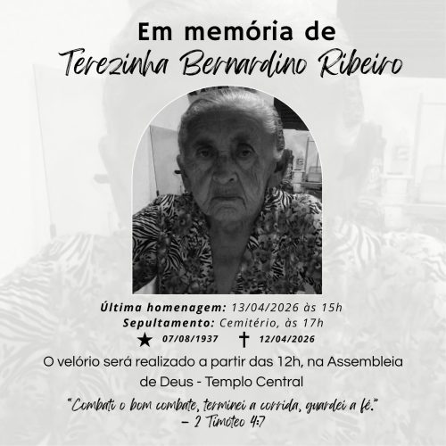 Assembleia de Deus em João Câmara está de luto pela morte da irmã Terezinha Bernardino Ribeiro