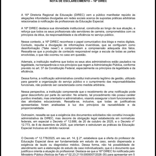 16ª DIREC rebate acusações, nega arbitrariedades e reafirma compromisso com a legalidade na Educação Especial