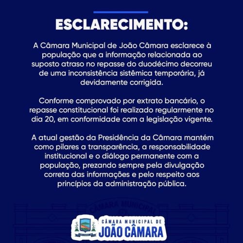 Câmara Municipal de João Câmara/RN, emite Nota de Esclarecimento